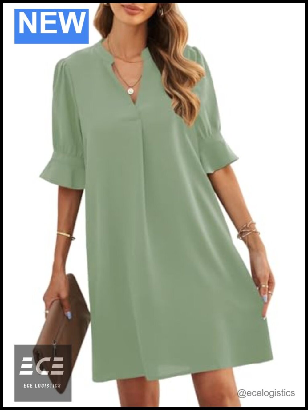 Women's V-Neck Short Sleeve Ruffle Shift Dress Knee Length Summer Casual